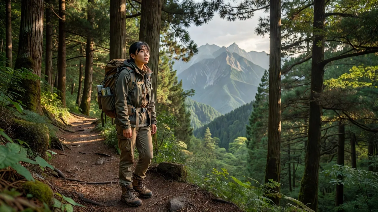 森を見つめる登山者